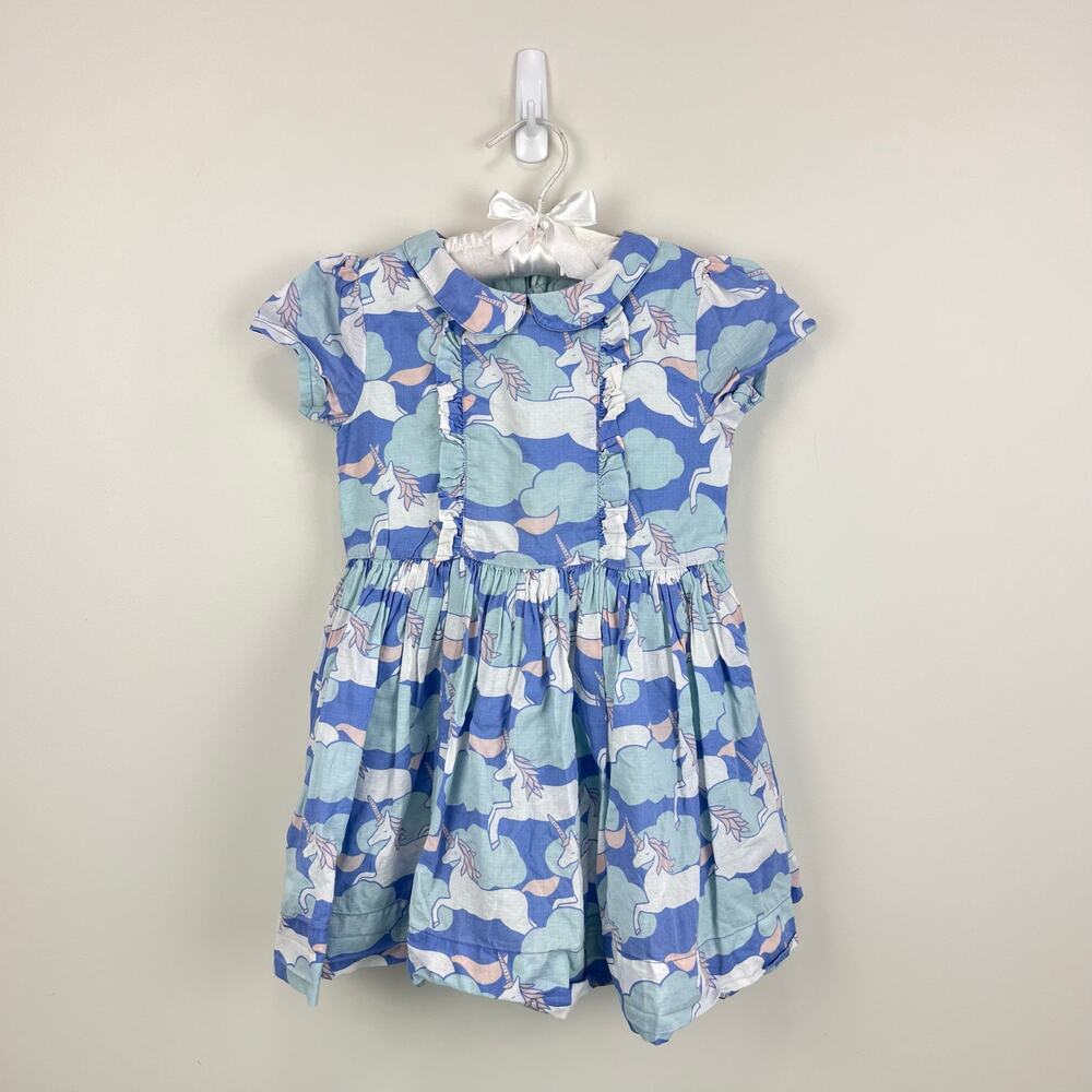 Mini Boden Peter Pan Collar Ruffle Unicorn Dress 3-4